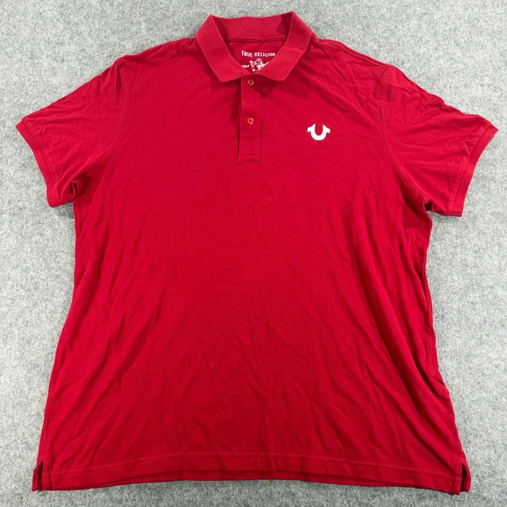 True Religion Mens Red Short Sleeve Logo Graphic Polo Shirt XXL